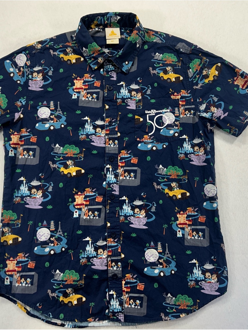 Disney Navy Short-Sleeve Button-Down Shirt with Multicolor Park Icons